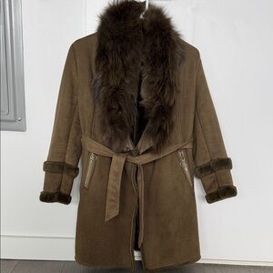 Olive Green Real Fur Trimmed Women's Coat